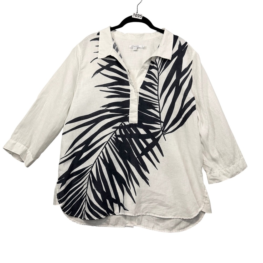 Chico's Linen Blouse Womens 2(12) White Black Palm Leaf Button Back Lagonlook